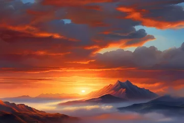 Poster sunrise over the mountains  sunset, sky, sunrise, clouds, mountain, landscape, nature, mountains, sun, red, orange, cloud, dusk,Ai generated  © Quranmeri