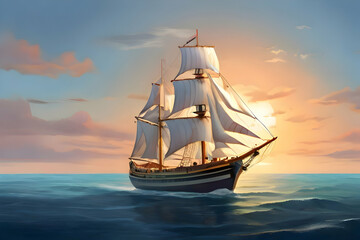 ship in the sea  ship, boat, sea, sail, sailing, sailboat, ocean, water, yacht, sunset, pirate, vessel, travel, nautical,Ai generated 
