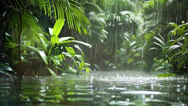 rainy in a forest with river.  tropical rain in the water. seamless looping overlay 4k virtual video animation background