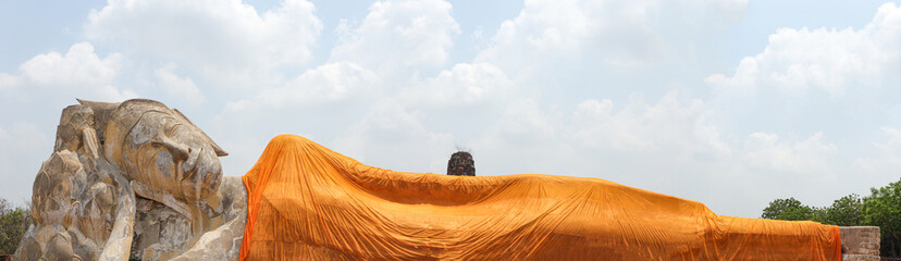 Panorama of a Large white reclining Buddha statue at Wat Lokayasutharam or Wat Phra Non in...