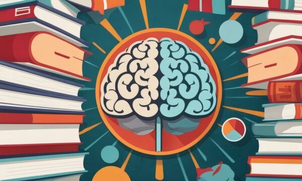 brain surrounded by books as a symbol of science concept drawing