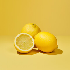 A bright lemon cut in half on a matching yellow backdrop, showcasing vibrant color and juicy texture.