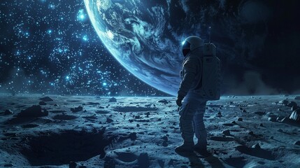 Lone Astronaut on a Moon Surface with Earthrise View
 - obrazy, fototapety, plakaty