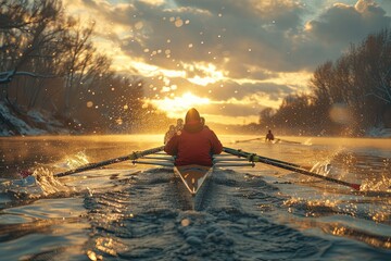 A rowing team racing on the water. - obrazy, fototapety, plakaty