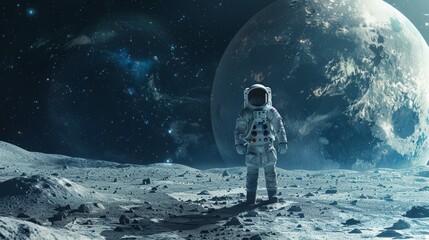 Astronaut Standing on Moon Surface with Earth in Background