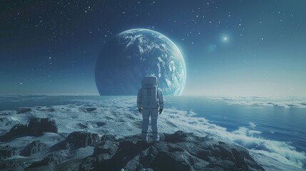 Astronaut Standing on Lunar Surface with Distant Earth View
 - obrazy, fototapety, plakaty