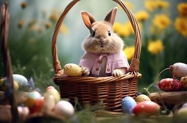 Cute cartoon Easter bunny with a basket of Easter colored eggs. Easter background. AI generated. 
