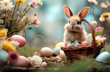 Cute cartoon Easter bunny with a basket of Easter colored eggs. Easter background. AI generated. 
