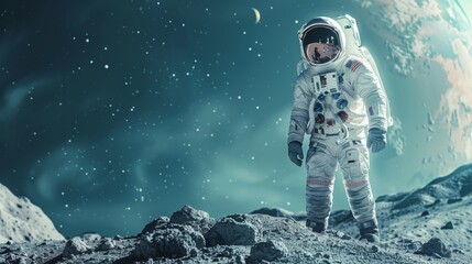 Astronaut Standing on Lunar Surface with Distant Earth View - obrazy, fototapety, plakaty