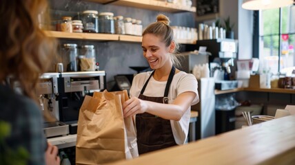 Waitress at counter giving food in paper bag to customer to takeout.