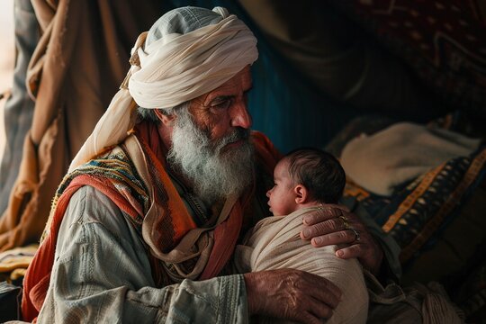 Abraham with his newborn son in a tent. Bible story.