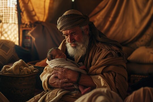 Abraham with his newborn son in a tent. Bible story.