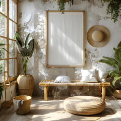 Mock up poster frame in modern beige home interior, Scandinavian style