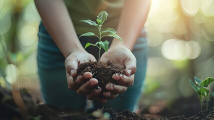 Fototapeta premium world environment day concept girl holding a small tree.