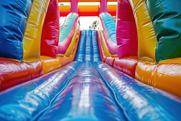Colorful bouncy castle slide for children playground.