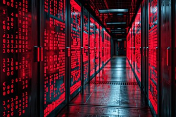 Futuristic Data Center Corridor with Glowing Red Binary Code - obrazy, fototapety, plakaty