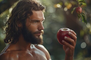 Adam eating forbidden fruit, Bible story.	 - obrazy, fototapety, plakaty