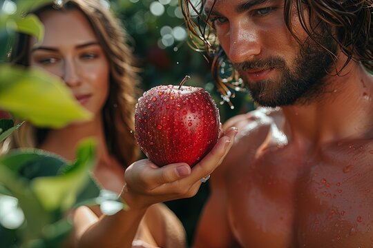 Adam and Eve with an apple. The concept embodies temptation and choice.	