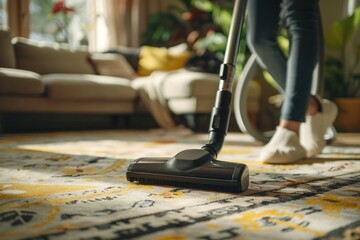 Woman cleaning room with vacuum cleaner. - obrazy, fototapety, plakaty