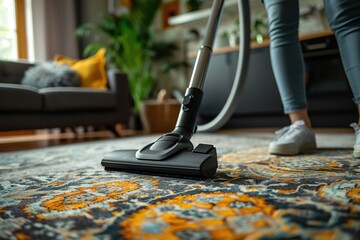 Woman cleaning room with vacuum cleaner. - obrazy, fototapety, plakaty