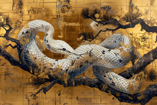 金色の背景に白蛇のイラスト「AI生成画像」