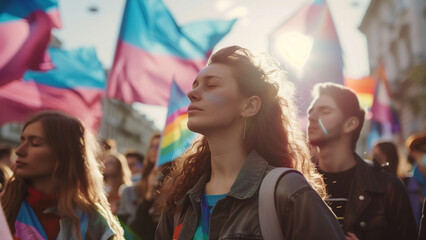 Far Left Wing Protest with Trans and Gay Rights Flags - obrazy, fototapety, plakaty