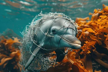Zelfklevend Fotobehang A dolphin caught in a fishing net.   © Bargais