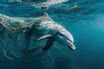Fototapeta premium A dolphin caught in a fishing net. 