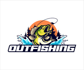 Outdoor Fishing Logo, Unique and Fresh Bass fish jumping out of the water, awesome to use in your fishing sport activity.
