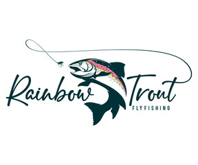 Rainbow Trout logo, Black and White Trout fish jumping out of the water, Great for your rainbow fishing activity.
