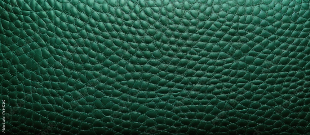 Poster close-up view of a textured green leather material with intricate patterns and details for backgroun