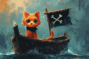 Creative illustration with a small red kitten floating in a boat in the sea under a pirate flag