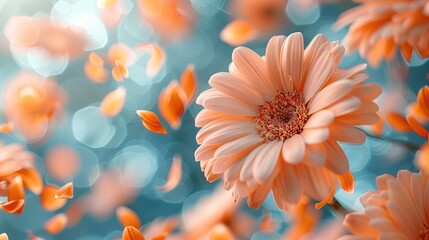Orange pastel petals and flowers float in the air. concept fragrant of fabric softener. - obrazy, fototapety, plakaty