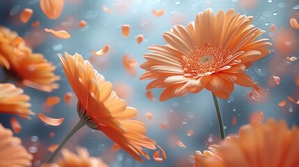 Orange pastel petals and flowers float in the air. concept fragrant of fabric softener. - obrazy, fototapety, plakaty