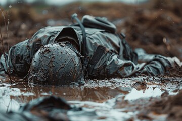 Fallen soldier lying in the mud.