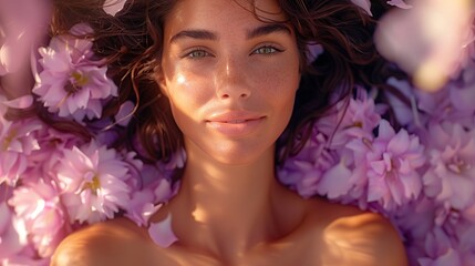 beautiful young woman with purple flowers and petals floating around her the concept of scented skin care cream.