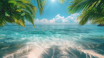 Naklejka premium The shadow of coconut leaves on the surface of the water on the sandy beach. For summer holidays at the beach