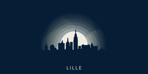 Lille cityscape skyline city panorama vector flat modern banner illustration. France emblem idea with landmarks and building silhouettes at sunrise sunset night