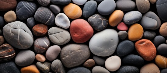 An up-close view of a collection of rocks with one distinctive red stone among them, forming a...