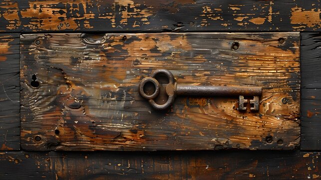 Antique key on a vintage wooden board, concept of security and access. Rustic still life with nostalgic appeal. Home decor and mystery in one image. AI