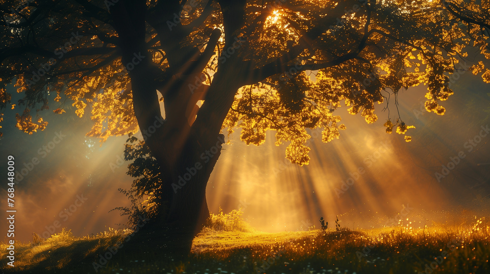 Poster a tree is in the foreground of a field with a bright sun shining on it. the sun is casting a warm gl