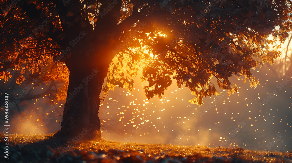 Poster a tree is in the foreground of a field with a bright sun shining on it. the sun is casting a warm gl