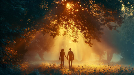 A couple is walking through a forest, holding hands