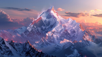 A stunning image capturing the majestic beauty of a snowy mountain peak basked in the warm glow of the sunset - Powered by Adobe