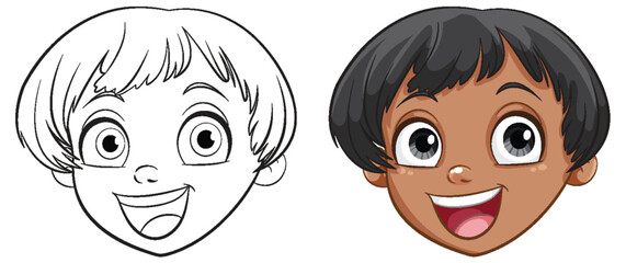 Two happy kids' faces, one colored, one outlined.