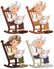 Four elderly women knitting, sitting in rocking chairs.