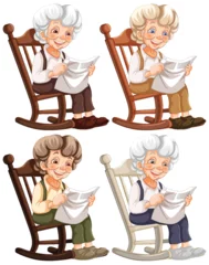 Küchenrückwand glas motiv Four elderly women knitting, sitting in rocking chairs. © GraphicsRF