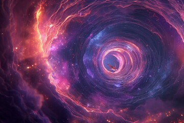 Spaceship passes through a black hole. Science and technology concept. Space scene with stars, black hole in galaxy. Panorama. 