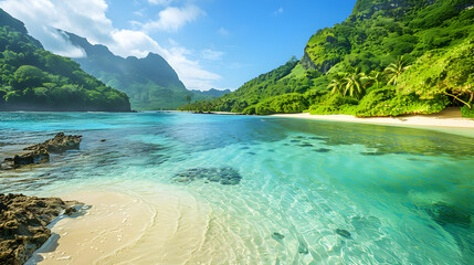 Tropical beach cove with crystal clear water and lush greenery.