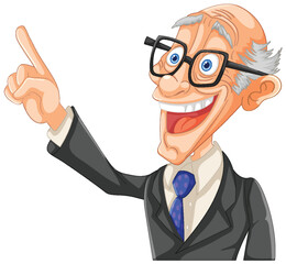 Animated professor pointing upwards with a smile